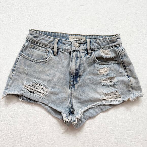 PacSun High Rise Distressed Light Wash Denim Cut Off Shorts, Size 25 - Picture 1 of 7